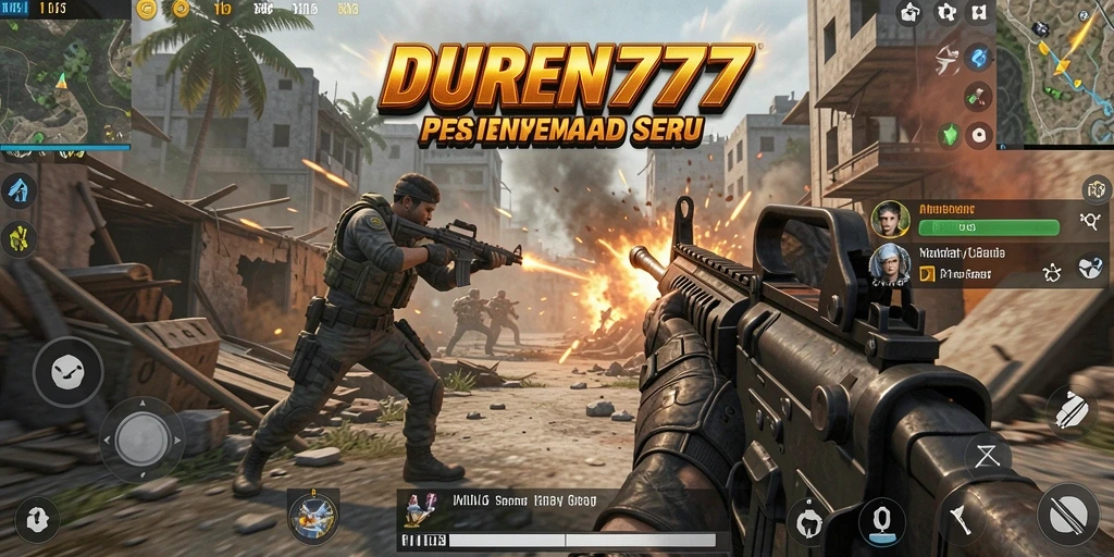 Tangkapan layar utama DUREN777 menampilkan aksi pertempuran FPS yang intens.