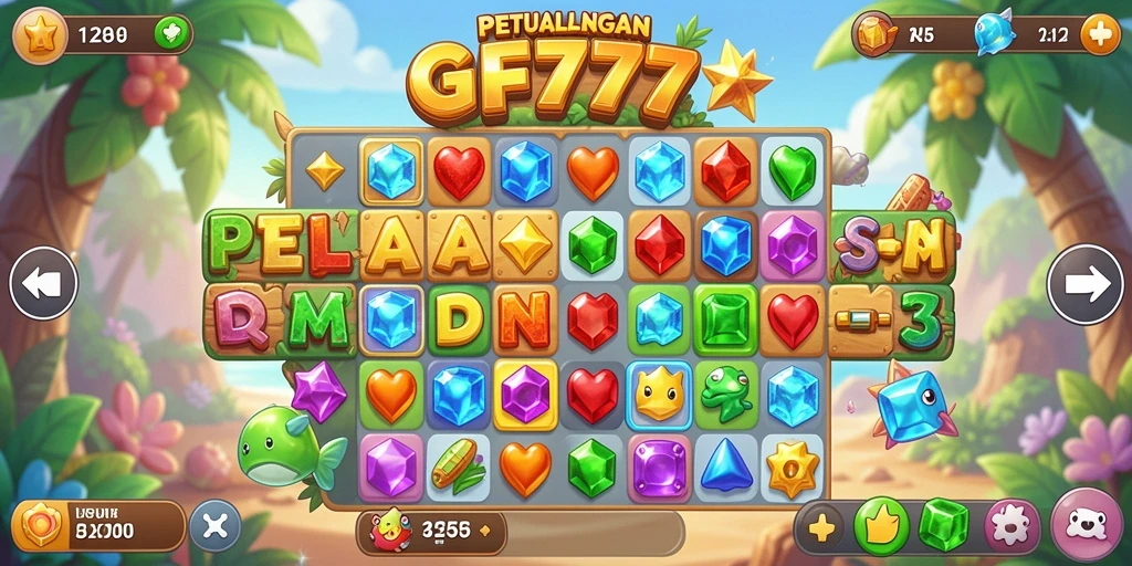 Screenshot utama GF777 menampilkan gameplay seru di match-3.