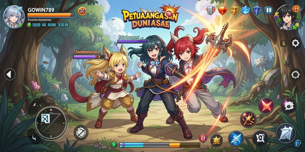 Tampilan gameplay GOWIN789 yang penuh aksi dan karakter anime ikonik.