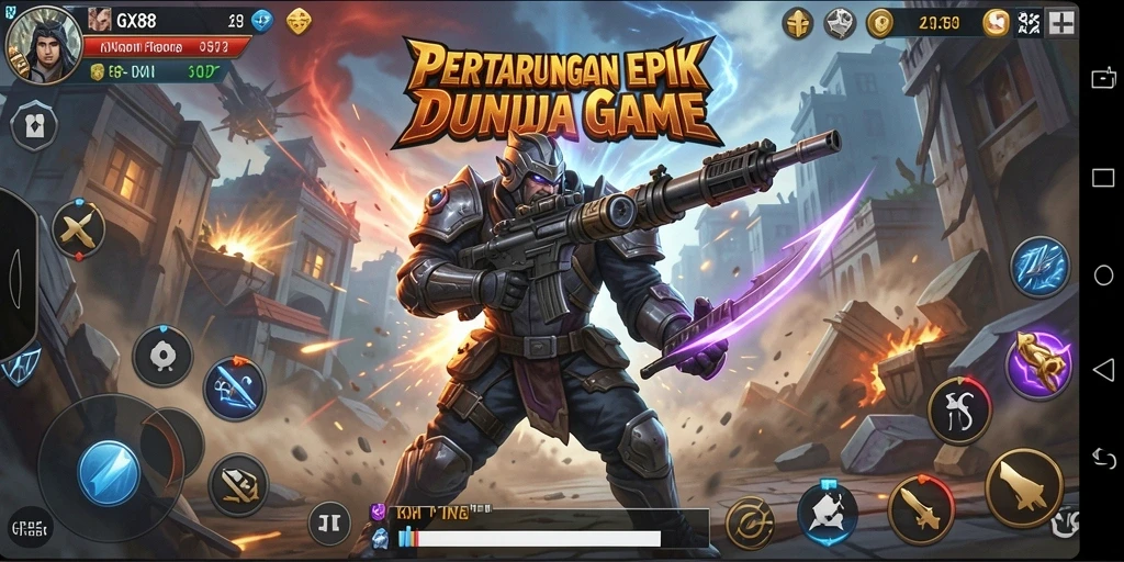 Tampilan tangkapan layar dari gameplay GX88 dengan pertarungan seru.