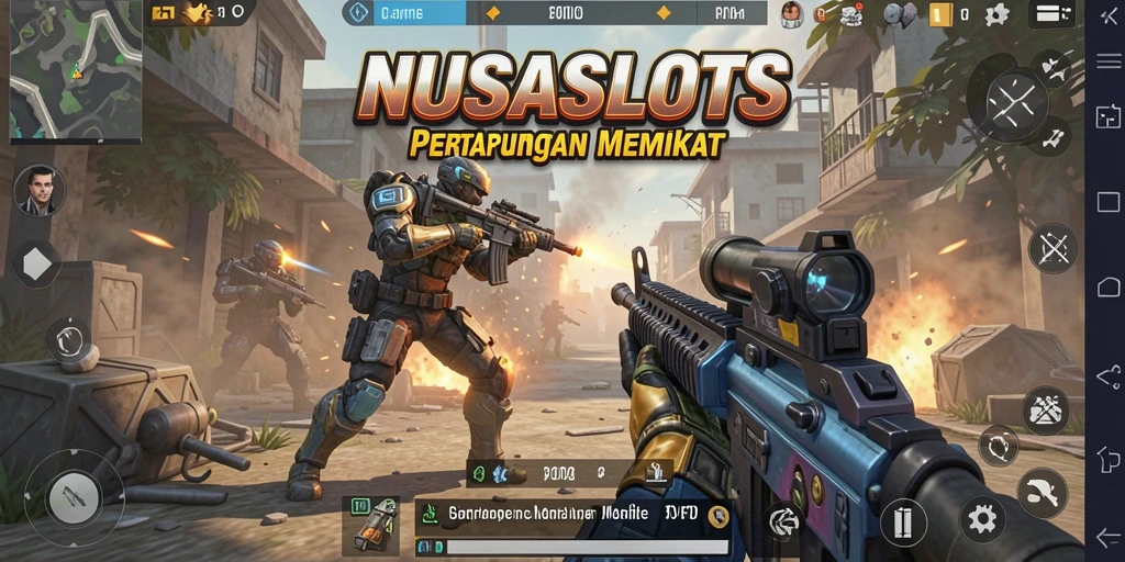 Screenshot NUSASLOTS menampilkan aksi tembak-menembak yang intens.
