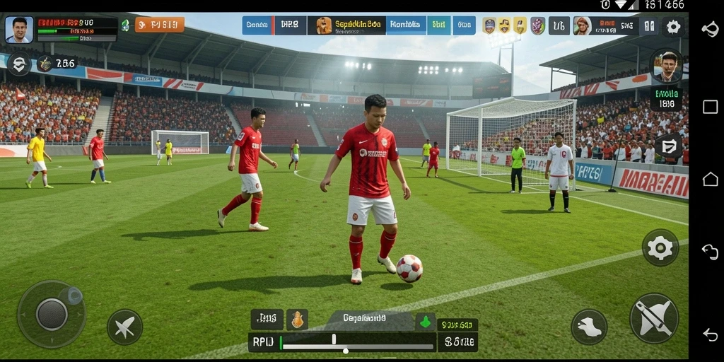 Screenshot menampilkan aksi gameplay sepak bola yang seru.