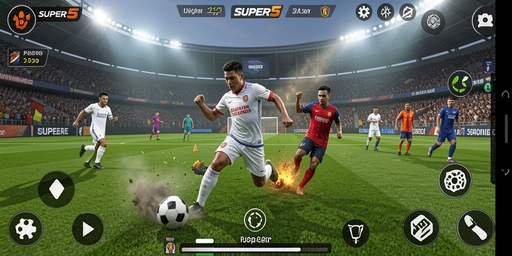 Tampilan aksi mendebarkan dalam gameplay sepak bola SUPER5.