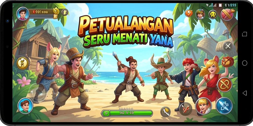 Tampilan gameplay seru V89 dengan karakter menjelajah dunia fantasi.