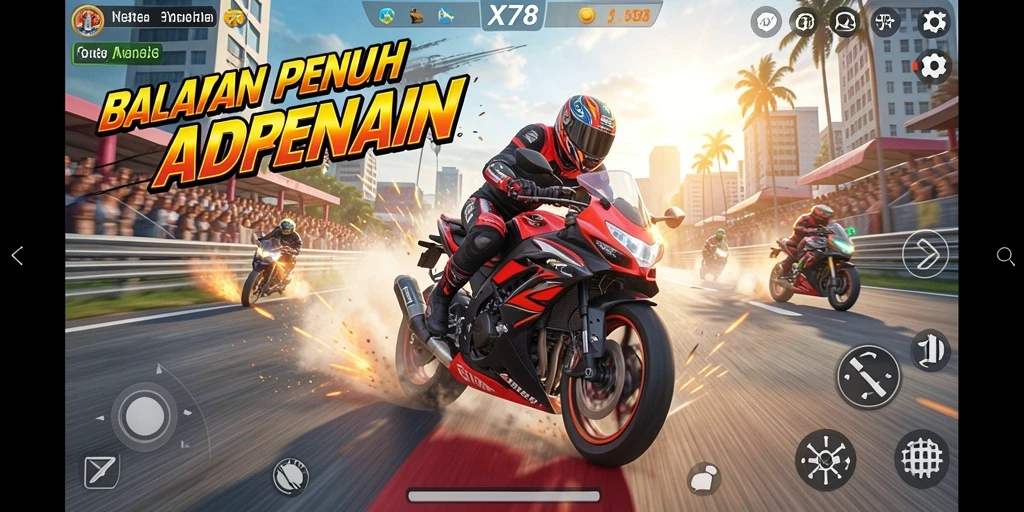 Screenshot gameplay X78 dengan balapan motor yang seru dan mendebarkan.